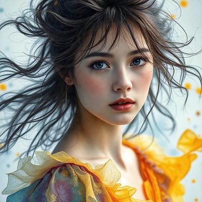 The primary subject of the image is a woman with long hair, wearing a flowing dress. She is looking at the camera with a smile on her face. The setting is a studio, and the visual style is a digital art portrait. The colors and mood of the image are warm and inviting, with the woman's smile and the flowing dress creating a sense of happiness and grace.